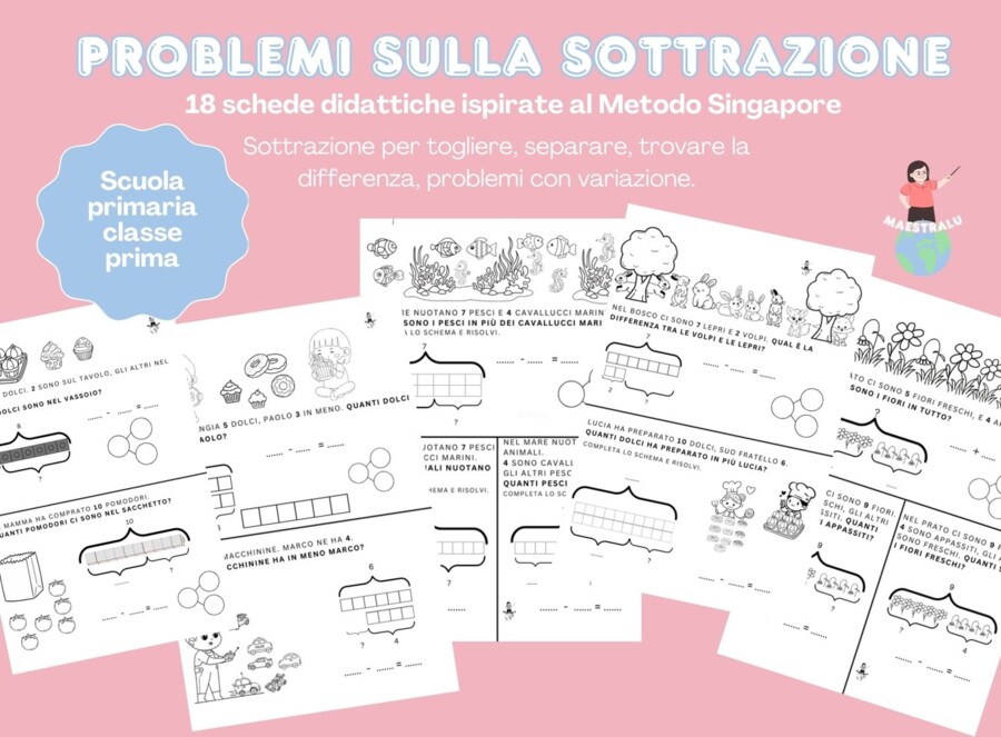 18 schede su problemi sulla sottrazione ispirati al metodo Singapore, classe prima, scuola primaria.
