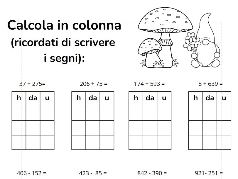Addizioni, sottrazioni e moltiplicazioni in colonna