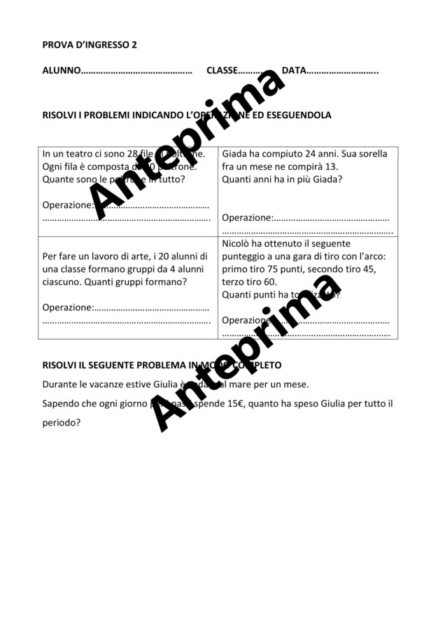 PROVE di INGRESSO MATEMATICA classe quarta