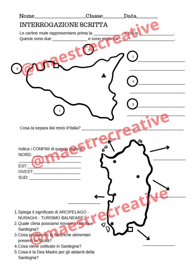 Sicilia e Sardegna - INTERROGAZIONE SCRITTA con soluzioni