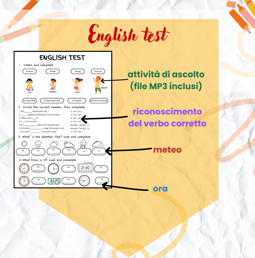 Inglese – Strumenti e test su meteo, ora, materie scolastiche, to be e have got