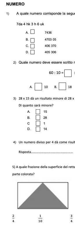VERIFICA FINALE MATEMATICA CLASSE QUARTA: ''IL NUMERO''