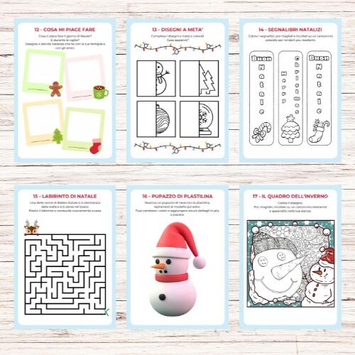 Calendario dell'avvento da stampare con giochi e attività