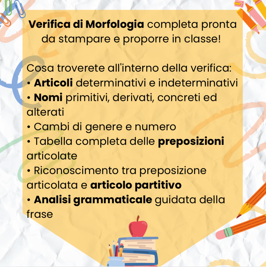 Verifica di Morfologia Completa – Nomi, Articoli, Preposizioni e Analisi Grammaticale (Scuola Primaria)
