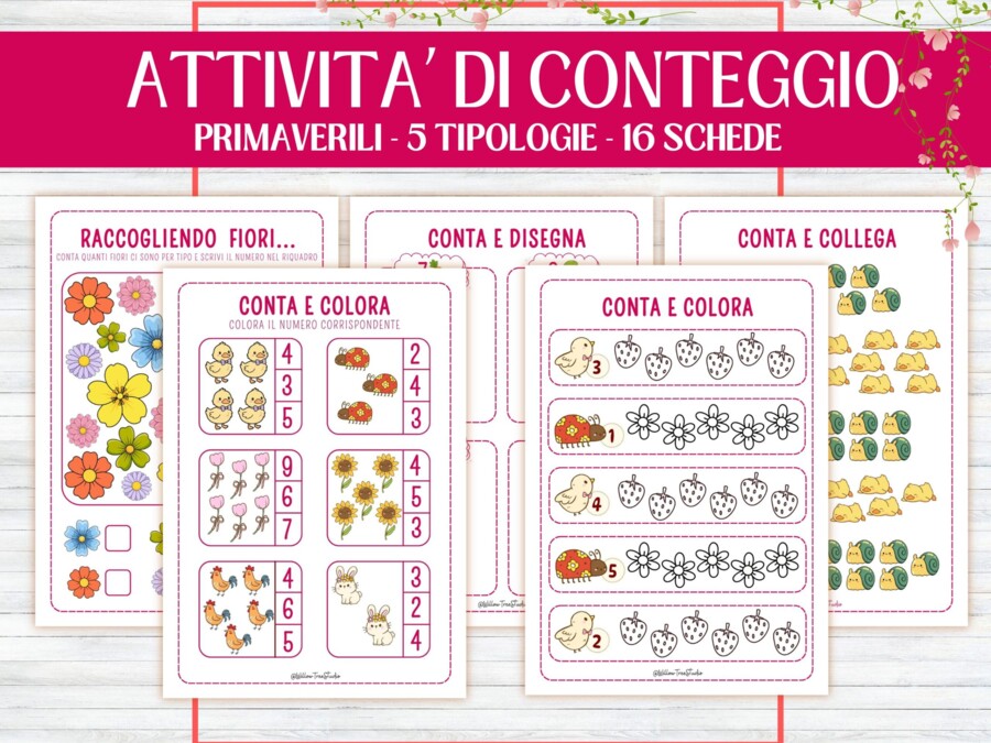 Schede Primaverili Conteggio Matematica per Infanzia e Prima Elementare, Attività Numeri 1–10, Schede Didattiche Stampabili, giochi matematici, conta e collega, conta e colora, gioco I SPY, Early algebra, no prep, 5-6 anni,