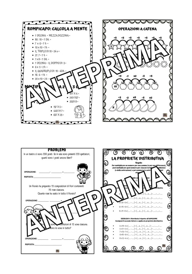 QUADERNO OPERATIVO DI MATEMATICA per la Classe 3^ - KIT 45 Schede di lavoro in b/n sui Numeri e le 4 operazioni - da compilare e da colorare