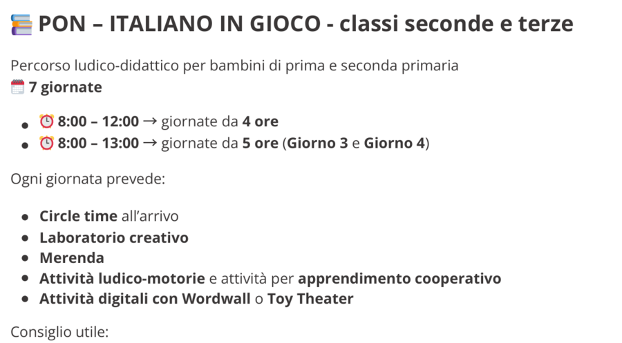 Percorso PON Estivo ITALIANO IN GIOCO – Classi 2ª e 3ª – 30 ore ; Progetto pronto all’uso - 7 giornate strutturate – Attività creative e digitali – Didattica