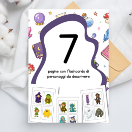 Flashcards con personaggi fantasy da descrivere sul quaderno