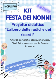 Progetto didattico per la Festa dei Nonni (Scuola Primaria). Include storia, schede di scrittura, diplomi, intervista, cartellone di classe, Pixel Art e regali immateriali. Pronto da stampare!