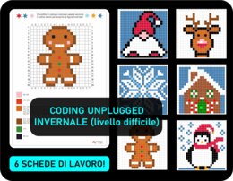 Coding unplugged invernale – carte di attività natalizie: codifica e colora livello difficile (Inverno, pinguino, renno, gnomo natalizio)- 6 schede di lavoro