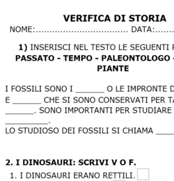 VERIFICA DI STORIA per la CLASSE + VERIFICA SEMPLIFICATA per alunni con PDP e PEI: Origine della Terra, ere geologiche, dinosauri, fossili.