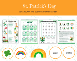 Saint Patrick Vocabulary Worksheet Set - Giorno di San Patrizio - un set di schede di lavoro con vocabolario e tradizioni, corrispondenza, quiz, cruciverba, lettura con comprensione, e in aggiunta, carte per il gioco della memoria