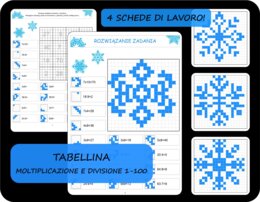Coding unplugged, tabellina, moltiplicazione e divisione 1-100, calcola e colora, tema inverno / fiocchi di neve