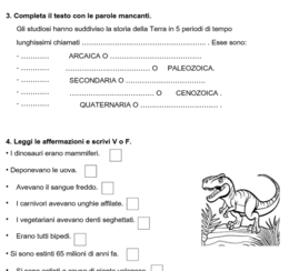 VERIFICA DI STORIA per la CLASSE + VERIFICA SEMPLIFICATA per alunni con PDP e PEI: Origine della Terra, ere geologiche, dinosauri, fossili.