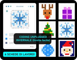 Coding unplugged invernale – carte di attività natalizie: codifica e colora (Inverno, Natale, Babbo Natale, renna, albero di Natale)- 6 schede di lavoro