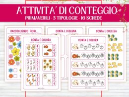 Schede Primaverili Conteggio Matematica per Infanzia e Prima Elementare, Attività Numeri 1–10, Schede Didattiche Stampabili, giochi matematici, conta e collega, conta e colora, gioco I SPY, Early algebra, no prep, 5-6 anni,