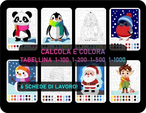 Tabellina, Colorare in base ai risultati della moltiplicazioni, matematica invernale, Babbo Natale, Natale, inverno, set di schede didattiche