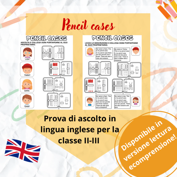 Test di ascolto sugli oggetti scolastici in inglese - disponibile anche in versione test lettura