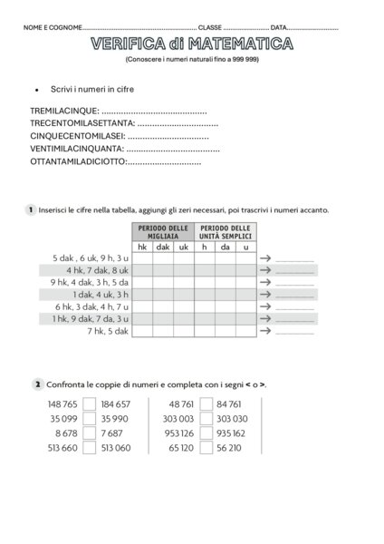 VERIFICA GRANDI NUMERI CLASSE QUARTA 40 ITEMS