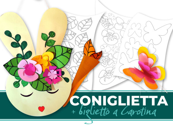 Ghirlanda di Pasqua. “Coniglietta” 2D e 3D con biglietto “Carotina”