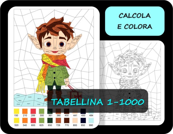 Tabellina, Colorare in base ai risultati della moltiplicazioni 1-1000, matematica invernale, elfo, calcola e colora