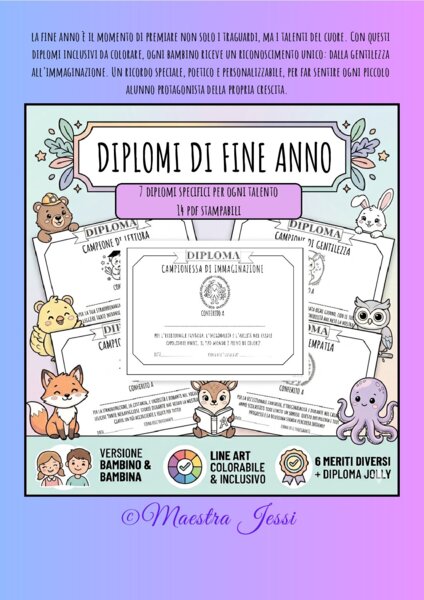 14 DIPLOMI FINE ANNO da colorare - kit inclusivo Maestra Jessi