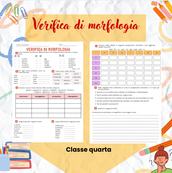 Verifica di Morfologia Completa – Nomi, Articoli, Preposizioni e Analisi Grammaticale (Scuola Primaria)