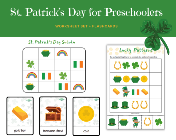 Saint Patrick for preschoolers worksheet set - San Patrizio per bambini in età prescolare - set di schede di lavoro sul vocabolario, sudoku, gioco I Spy, labirinto, conteggio fino a 10, modelli, cosa viene dopo, inoltre carte illustrative.