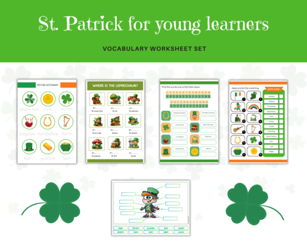 Saint Patrick’s Day for Young Learners - Giorno di San Patrizio per gli studenti set, schede di lavoro, esercizi di vocabolario, capi di abbigliamento, preposizioni di luog