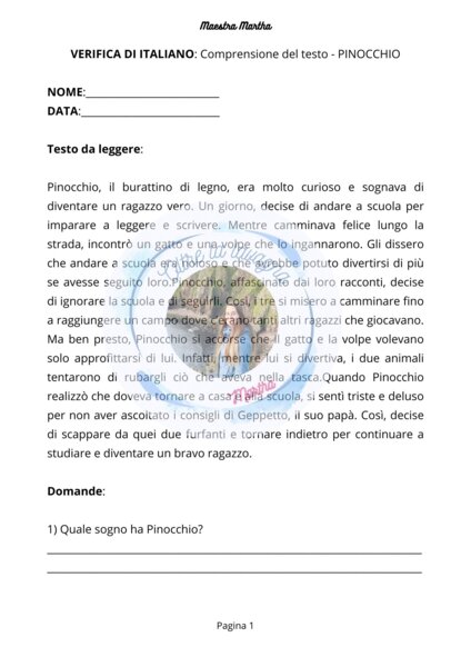 Verifica: comprensione del testo - Pinocchio (anche per DSA)