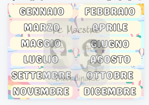 Calendario perpetuo pastello tema arcobaleni e mongolfiere