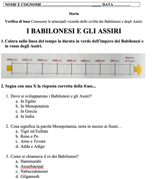Verifica di Storia – I Babilonesi e gli Assiri (Scuola Primaria)