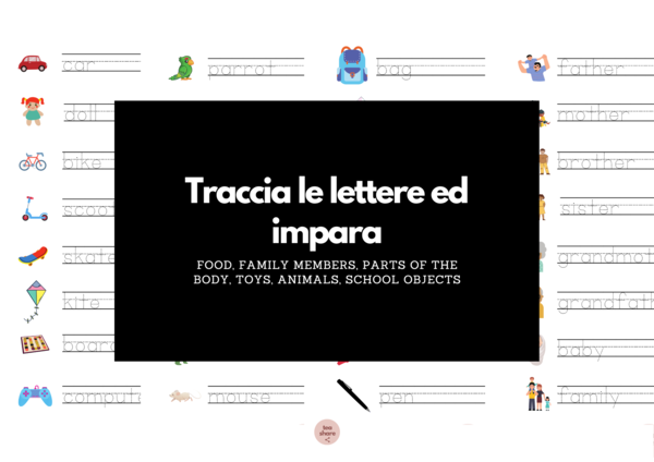 Traccia le lettere ed impara, vocabolario per bambini