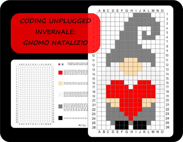 Coding unplugged invernale, codifica e colora, gnomo natalizio, inverno (livello difficile)