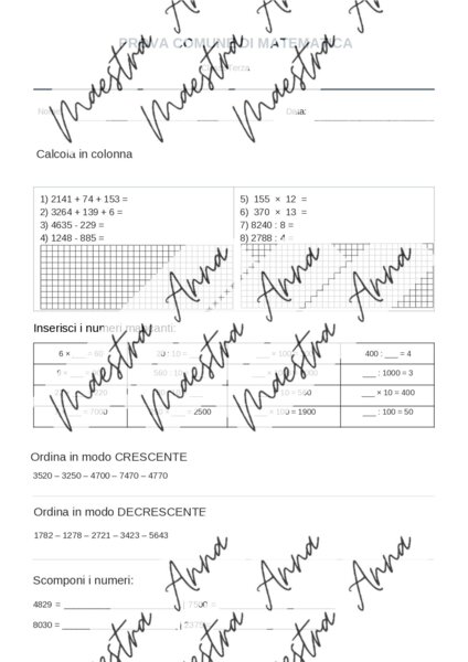 Verifica matematica classe terza primaria – prova completa + griglia di valutazione stampabile