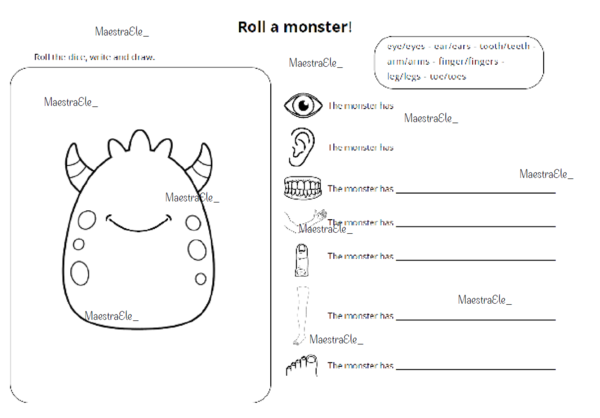 Roll a monster - body parts (parti del corpo in inglese)