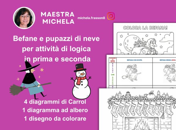 Befane e pupazzi di neve per semplici attività di logica per prima e seconda