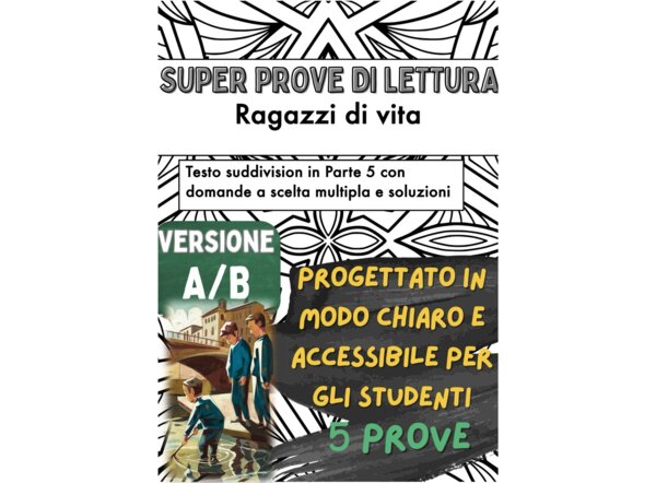 📘🚶‍♂️ 5x Test di lettura su «Ragazzi di vita» di Pier Paolo Pasolini ✨ (Versione A/B – per capitoli, in classe)