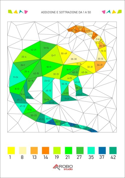Colorazione matematica, addizione e sottrazione da 1 a 50, giornata dei dinosauri, preistoria, matematica e arte, calcola e colora