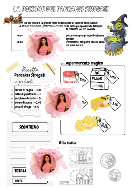 Scheda didattica di matematica a tema Halloween – Equivalenze, spesa e resto (classe quinta primaria)