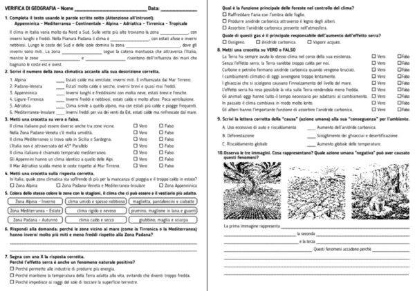 VERIFICA DI GEOGRAFIA ZONE CLIMATICHE ITALIANE E CAMBIAMENTO CLIMATICO - CLASSE QUARTA - SCUOLA PRIMARIA