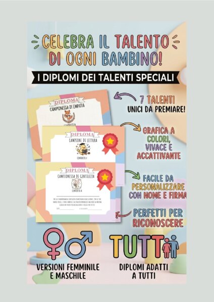 14 DIPLOMI FINE ANNO colorati - kit inclusivo Maestra Jessi