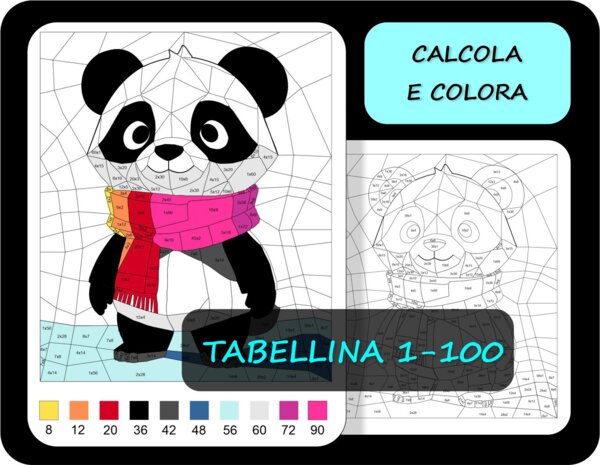 Tabellina, Colorare in base ai risultati della moltiplicazioni 1-100, matematica invernale, panda