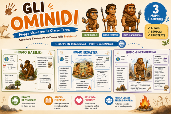 Mappe illustrate degli ominidi - Homo Habilis, Ergaster e Neanderthal