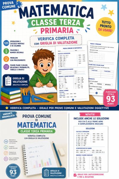 Verifica matematica classe terza primaria con soluzioni – prova completa + griglia di valutazione stampabile