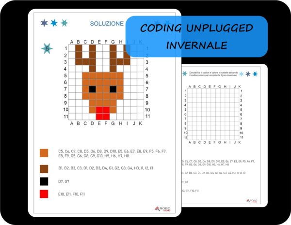 Coding unplugged invernale, codifica e colora, renna, inverno (livello facile)