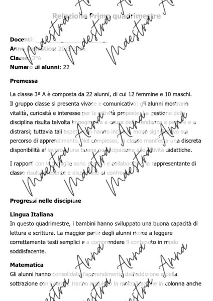 Relazione di classe – Fine primo quadrimestre Classe terza scuola primaria (modello e traccia guidata)