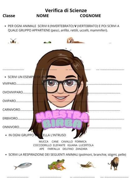VERIFICA DI SCIENZE GLI ANIMALI CL.3