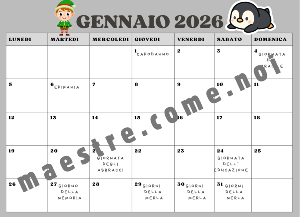 Calendario 2026 per insegnanti