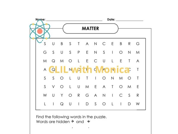 CLIL scienze classe 4 - CLIL Science Year 4 MATTER - wordsearch